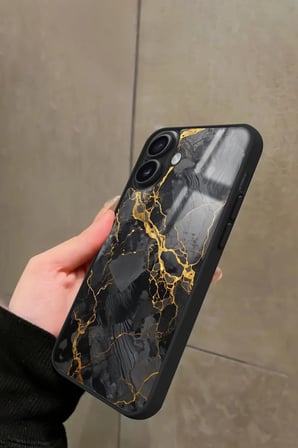 Apple iPhone 16 Plus Uyumlu Siyah Mermer Tasarımlı Parlak Silikon Kılıf