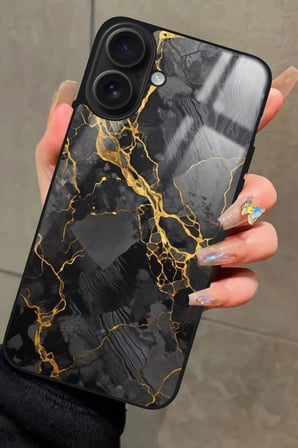 Apple iPhone 16 Plus Uyumlu Siyah Mermer Tasarımlı Parlak Silikon Kılıf
