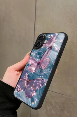 Apple iPhone 16 Plus Uyumlu Pembe Kelebek Tasarımlı Parlak Silikon Kılıf