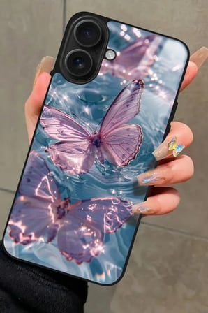 Apple iPhone 16 Plus Uyumlu Pembe Kelebek Tasarımlı Parlak Silikon Kılıf