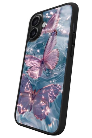 Apple iPhone 16 Plus Uyumlu Pembe Kelebek Tasarımlı Parlak Silikon Kılıf