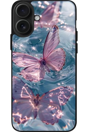 Apple iPhone 16 Plus Uyumlu Pembe Kelebek Tasarımlı Parlak Silikon Kılıf