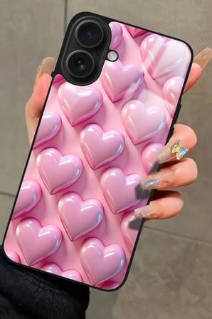 Apple iPhone 16 Plus Uyumlu Pembe Kalp Tasarımlı Parlak Silikon Kılıf