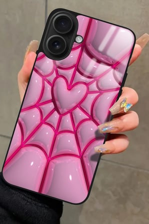 Apple iPhone 16 Plus Uyumlu Pembe Ağ Tasarımlı Parlak Silikon Kılıf