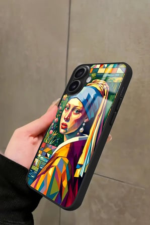 Apple iPhone 16 Plus Uyumlu İnci Küpeli Kız Tablo Tasarımlı Parlak Silikon Kılıf