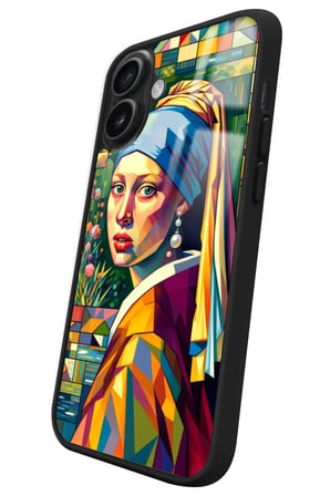 Apple iPhone 16 Plus Uyumlu İnci Küpeli Kız Tablo Tasarımlı Parlak Silikon Kılıf
