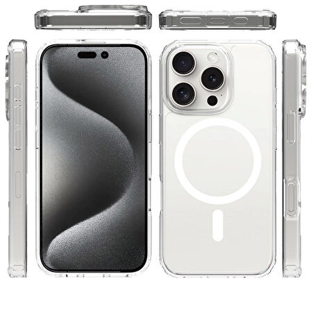 Apple iPhone 16 Pro Max Kılıf Magsafe Şarj Özellikli Şeffaf Sert PC Zr-Embos
