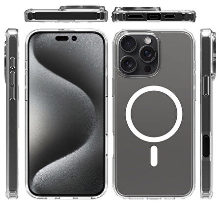 Apple iPhone 16 Pro Max Kılıf Magsafe Şarj Özellikli Şeffaf Sert PC Zr-Embos