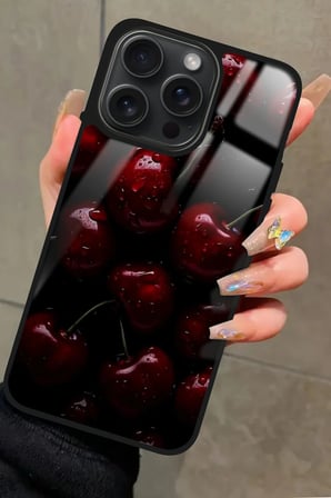 Apple iPhone 16 Pro Max Uyumlu Kiraz Tasarımlı Parlak Silikon Kılıf
