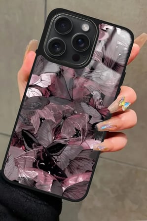 Apple iPhone 16 Pro Max Uyumlu Pembe Kelebek Tasarımlı Parlak Silikon Kılıf