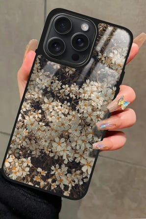 Apple iPhone 16 Pro Max Uyumlu Beyaz Çiçek Tasarımlı Parlak Silikon Kılıf