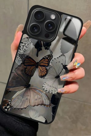Apple iPhone 16 Pro Uyumlu Siyah Kelebek Tasarımlı Parlak Silikon Kılıf