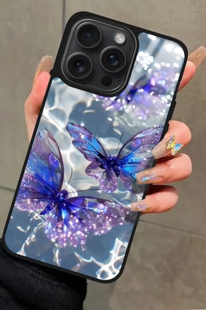 Apple iPhone 16 Pro Uyumlu Mor Kelebek Tasarımlı Parlak Silikon Kılıf