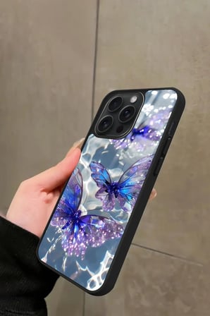 Apple iPhone 16 Pro Uyumlu Mor Kelebek Tasarımlı Parlak Silikon Kılıf