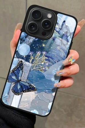Apple iPhone 16 Pro Uyumlu Mavi Kelebek Tasarımlı Parlak Silikon Kılıf