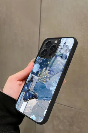 Apple iPhone 16 Pro Uyumlu Mavi Kelebek Tasarımlı Parlak Silikon Kılıf