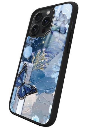 Apple iPhone 16 Pro Uyumlu Mavi Kelebek Tasarımlı Parlak Silikon Kılıf
