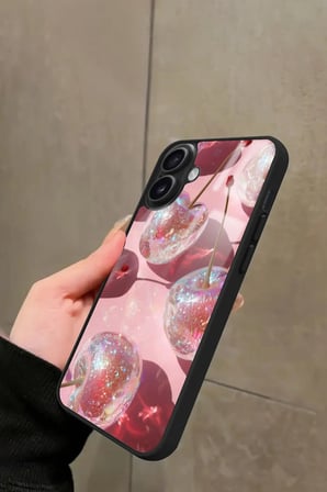 Apple iPhone 16 Uyumlu Simli Kiraz Tasarımlı Parlak Silikon Kılıf