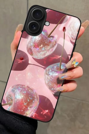 Apple iPhone 16 Uyumlu Simli Kiraz Tasarımlı Parlak Silikon Kılıf