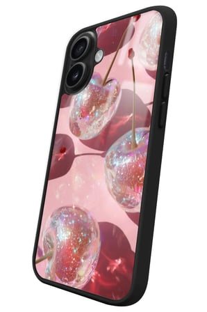 Apple iPhone 16 Uyumlu Simli Kiraz Tasarımlı Parlak Silikon Kılıf