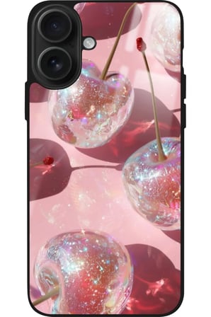 Apple iPhone 16 Uyumlu Simli Kiraz Tasarımlı Parlak Silikon Kılıf