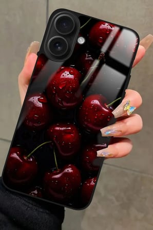 Apple iPhone 16 Uyumlu Kiraz Tasarımlı Parlak Silikon Kılıf