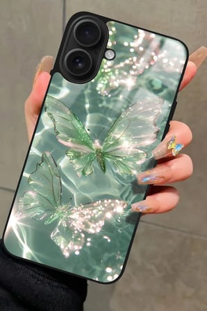 Apple iPhone 16 Uyumlu Yeşil Kelebek Tasarımlı Parlak Silikon Kılıf