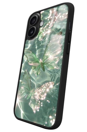 Apple iPhone 16 Uyumlu Yeşil Kelebek Tasarımlı Parlak Silikon Kılıf