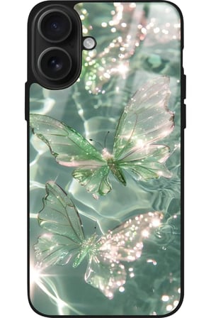 Apple iPhone 16 Uyumlu Yeşil Kelebek Tasarımlı Parlak Silikon Kılıf