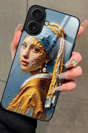 Apple iPhone 16 Uyumlu İnci Küpeli Kız Tablo Tasarımlı Parlak Silikon Kılıf