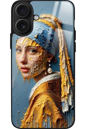 Apple iPhone 16 Uyumlu İnci Küpeli Kız Tablo Tasarımlı Parlak Silikon Kılıf