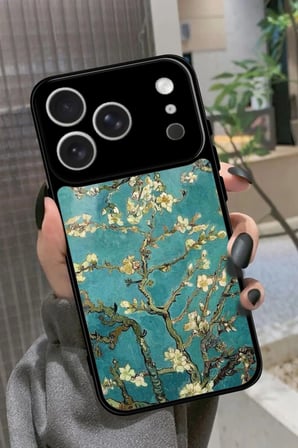 Apple iPhone 17 Pro Uyumlu Van Gogh Yeşil Ağaç Tablo Tasarımlı Parlak Silikon Kılıf
