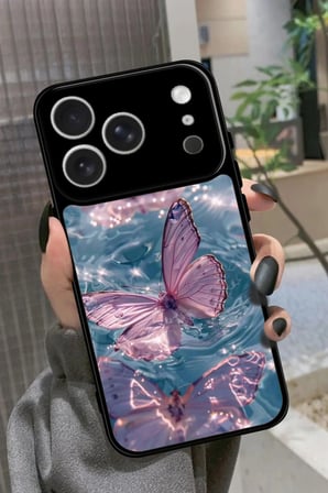 Apple iPhone 17 Pro Uyumlu Pembe Kelebek Tasarımlı Parlak Silikon Kılıf