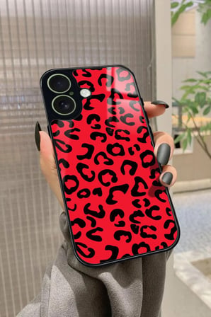 Apple iPhone 17 Uyumlu Kırmızı Leopar Tasarımlı Parlak Silikon Kılıf