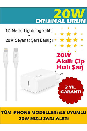 Orijinal Iphone 20w (14, 13, 12, 11, X, 8, 7) Uyumlu Güç Adaptörü 1.5m Kablo Hediye