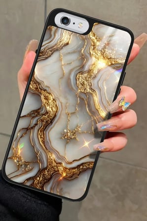 Apple iPhone 6 Plus Uyumlu Beyaz&Altın Mermer Tasarımlı Parlak Silikon Kılıf