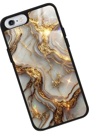 Apple iPhone 6 Plus Uyumlu Beyaz&Altın Mermer Tasarımlı Parlak Silikon Kılıf