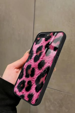 Apple iPhone 8 Plus Uyumlu Pembe Leopar Tasarımlı Parlak Silikon Kılıf