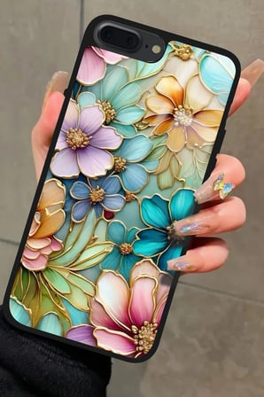 Apple iPhone 8 Plus Uyumlu Karışık Çiçek Tasarımlı Parlak Silikon Kılıf