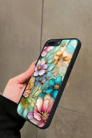 Apple iPhone 8 Plus Uyumlu Karışık Çiçek Tasarımlı Parlak Silikon Kılıf