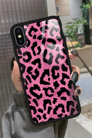 Apple iPhone X Uyumlu Pembe Leopar Tasarımlı Parlak Silikon Kılıf