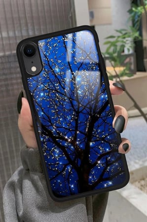 Apple iPhone Xr Uyumlu Van Gogh Mavi Ağaç Tablo Tasarımlı Parlak Silikon Kılıf