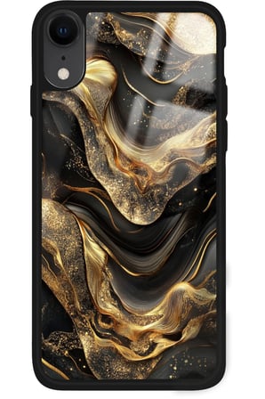 Apple iPhone Xr Uyumlu Siyah&Altın Mermer Tasarımlı Parlak Silikon Kılıf