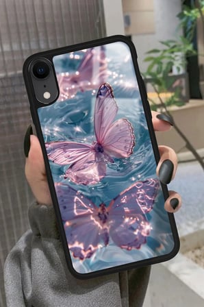 Apple iPhone Xr Uyumlu Pembe Kelebek Tasarımlı Parlak Silikon Kılıf