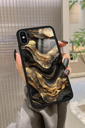 Apple iPhone Xs Max Uyumlu Siyah&Altın Mermer Tasarımlı Parlak Silikon Kılıf