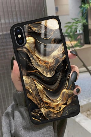 Apple iPhone Xs Max Uyumlu Siyah&Altın Mermer Tasarımlı Parlak Silikon Kılıf