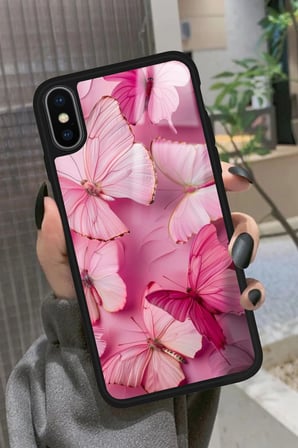 Apple iPhone Xs Max Uyumlu Pembe Kelebek Tasarımlı Parlak Silikon Kılıf