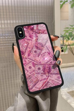 Apple iPhone Xs Max Uyumlu Pembe Para Tasarımlı Parlak Silikon Kılıf