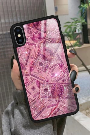 Apple iPhone Xs Max Uyumlu Pembe Para Tasarımlı Parlak Silikon Kılıf