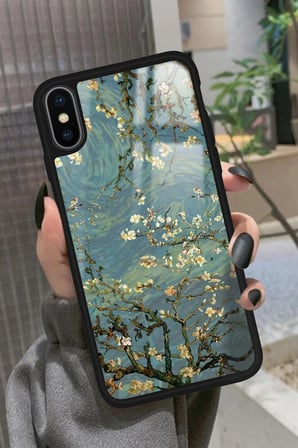 Apple iPhone Xs Uyumlu Van Gogh Yeşil Ağaç Tablo Tasarımlı Parlak Silikon Kılıf